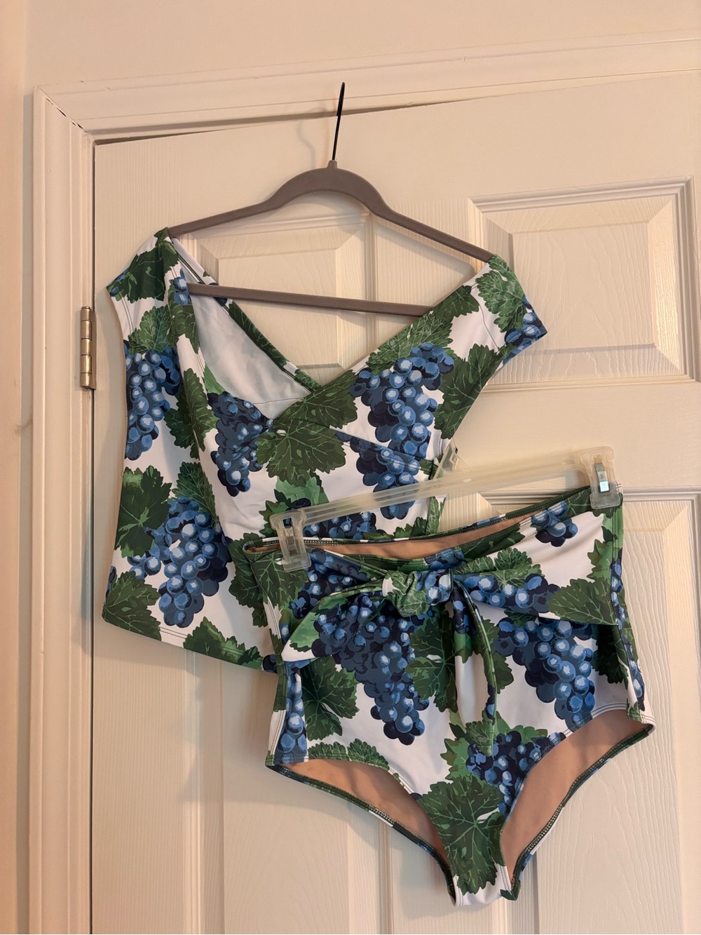 Kortni Jeane Grapes Print Two-Piece Swim Set w/ Off-Shoulder Top in XL